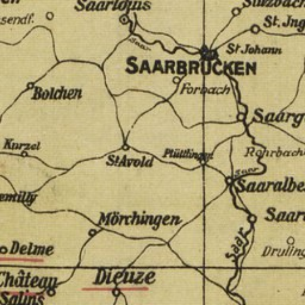 Alte detaillierte Karte von Saarbrücken, Deutschland, mit klassischem Schriftzug, der den Standort der Stadt angibt und Straßen, Gebäude und Sehenswürdigkeiten zeigt.