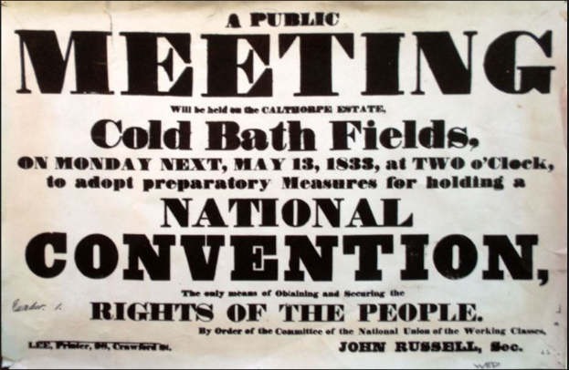 Schwarzer und weißer Plakatanschlag für eine öffentliche Versammlung mit dem Titel "Rechte des Volkes" auf den Cold Bath Fields, National Convention.