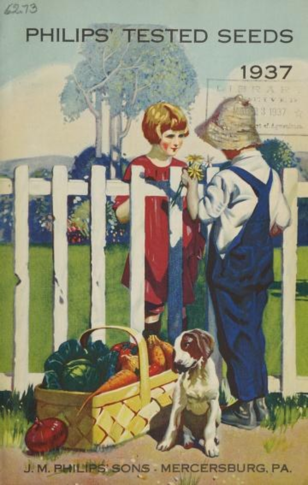 Plakat aus dem Jahr 1937, das Philips' geprüfte Saatgut bewirbt, zeigt zwei Kinder mit einem Korb voller Gemüse und einen Hund vor einem Holzzaun, Bäumen und einem blauen Himmel.