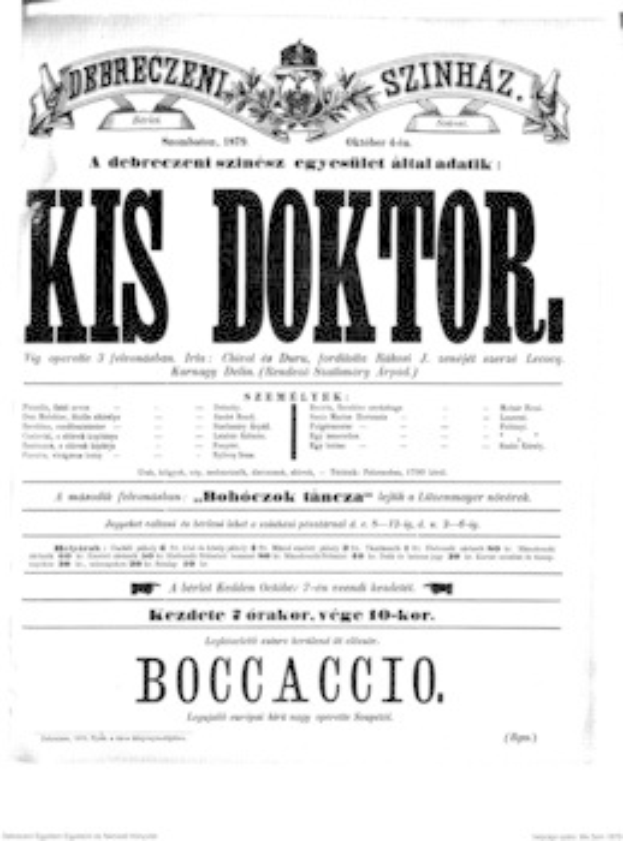 Schwarzes und weißes Plakat mit "Kis Doktor" in fetter schwarzer Schrift auf einem weißen Hintergrund, wahrscheinlich eine Zeitungsanzeige.