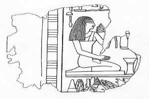 Eine ägyptische Frau aus alter Zeit sitzt auf einem Thron mit einem friedlichen Gesichtsausdruck, trägt eine traditionelle Kopfbedeckung und Schmuck und hat ihre Hände gefaltet und die Augen geschlossen.