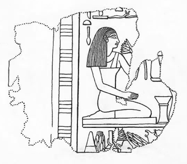 Eine ägyptische Frau aus alter Zeit sitzt auf einem Thron mit einem friedlichen Gesichtsausdruck, trägt eine traditionelle Kopfbedeckung und Schmuck und hat ihre Hände gefaltet und die Augen geschlossen.