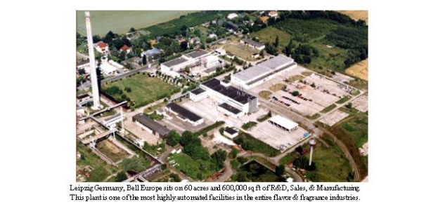 Luftaufnahme eines großen Industriegebiets in Leipzig, Deutschland, beschriftet mit "Bell Europe", das Gebäude, Bäume, Gras, Straßen und Strommasten zeigt.