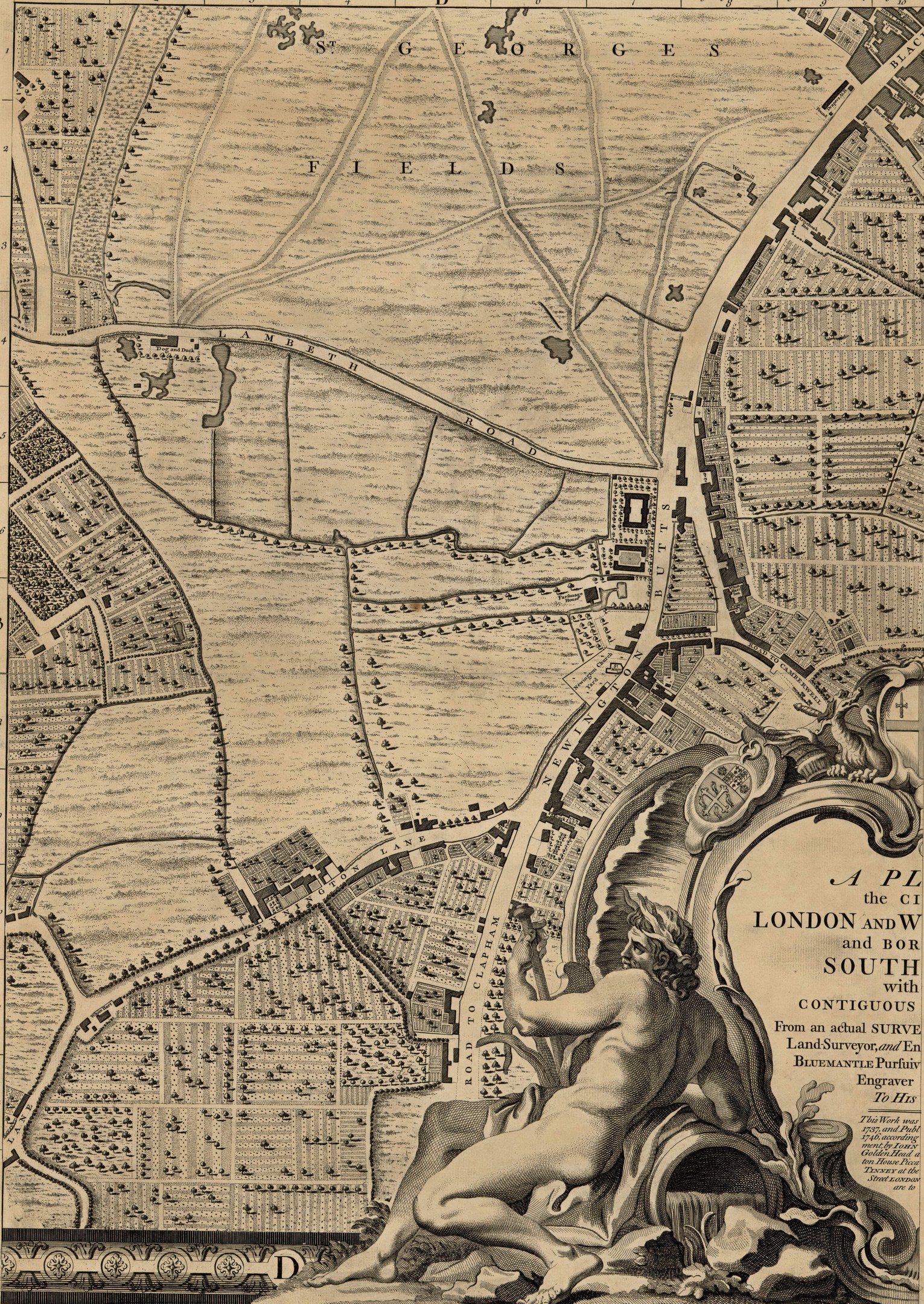 Ein detailliertes Plakat mit einer Karte von London und seiner Umgebung mit einer zentralen Skulptur einer Person.