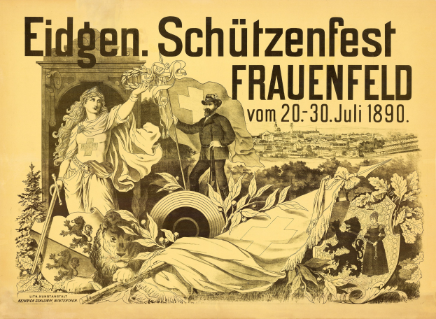 Plakat für das Eidgen Schützenfest in Frauenfeld, Deutschland, das einen Mann in einem Anzug und eine Frau in einem Kleid zeigt, die nebeneinander stehen, sowie Texte mit Veranstaltungseinzelheiten.