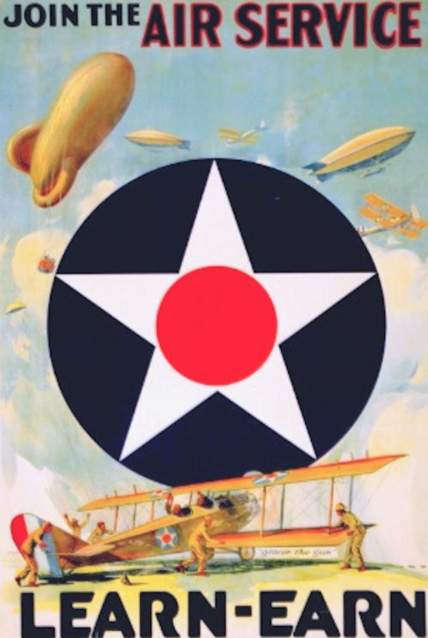 Plakat mit dem Text "Beitreten Sie den Luftdienst - Lernen-Verdienen" über Bilder von Flugzeugen und Menschen.