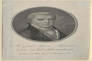 Portrait von Joseph Marx Freicher von Liechtenstein, einem deutschen Komponisten, in einem schwarzen Anzug und einem weißen Hemd mit einem ernsten Ausdruck, hält ein Blatt Papier.