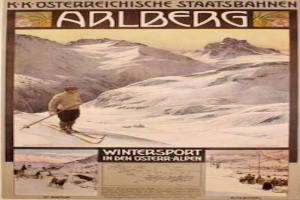 Ein Plakat, das den Wintersport in den österreichischen Alpen bewirbt und einen Skifahrer sowie Bilder von Menschen und Bergen mit begleitendem Text zeigt.