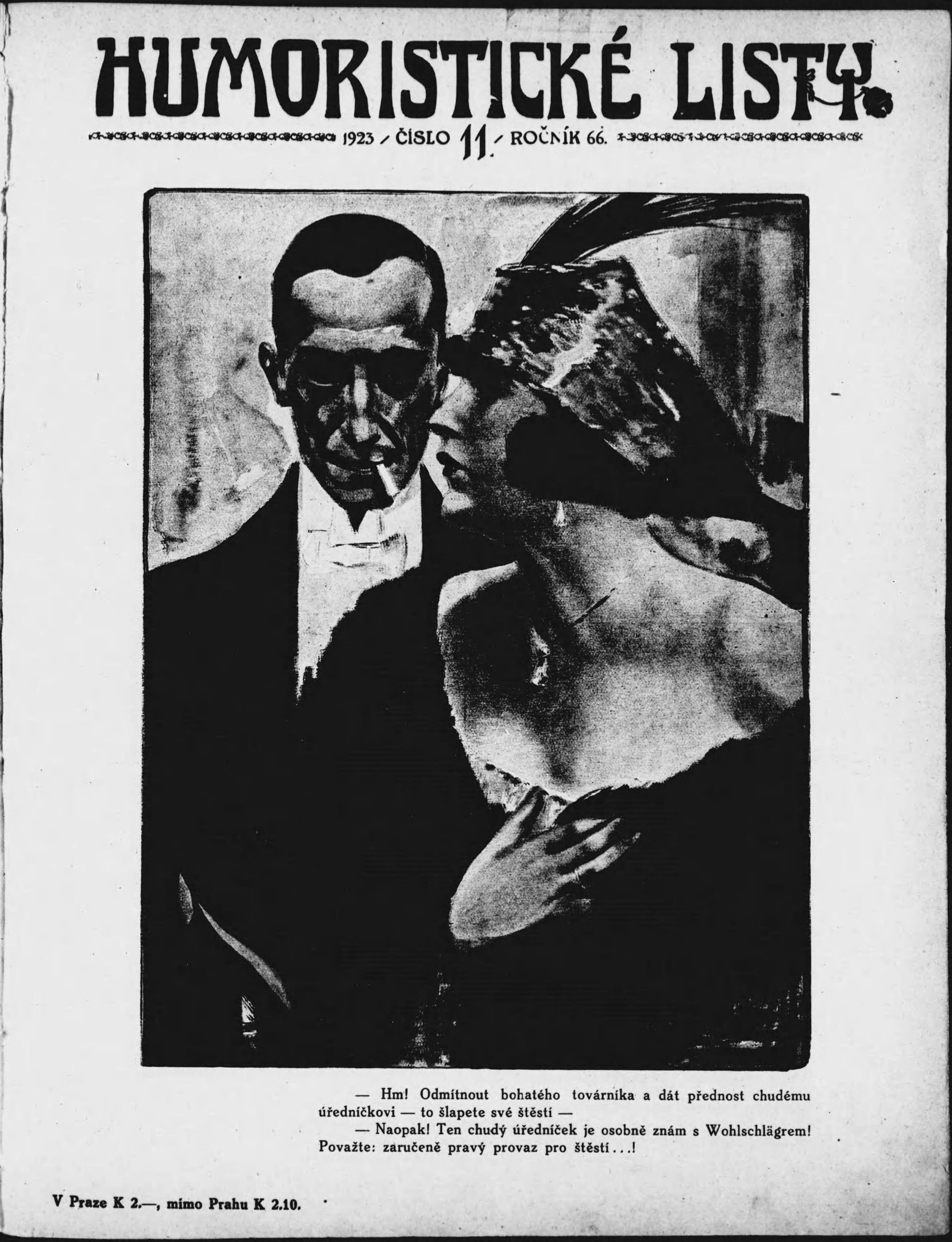 Schwarze und weiße Zeitschriftumschlag mit der Aufschrift 'Humoristische Liste', auf dem ein Mann in einem Anzug mit ernster Miene und eine Frau mit einem leichten Grinsen zu sehen ist.