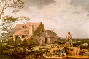 Ein Gemälde mit dem Titel "Die Farmersfrau" von Jan Brueghel dem Älteren zeigt eine Farmszene mit einem Mann und einer Frau vor einem Reetdachhaus, umgeben von verschiedenen Tieren, einem Wagen, einem hölzernen Zaun, Bäumen und einem bewölkten Himmel.