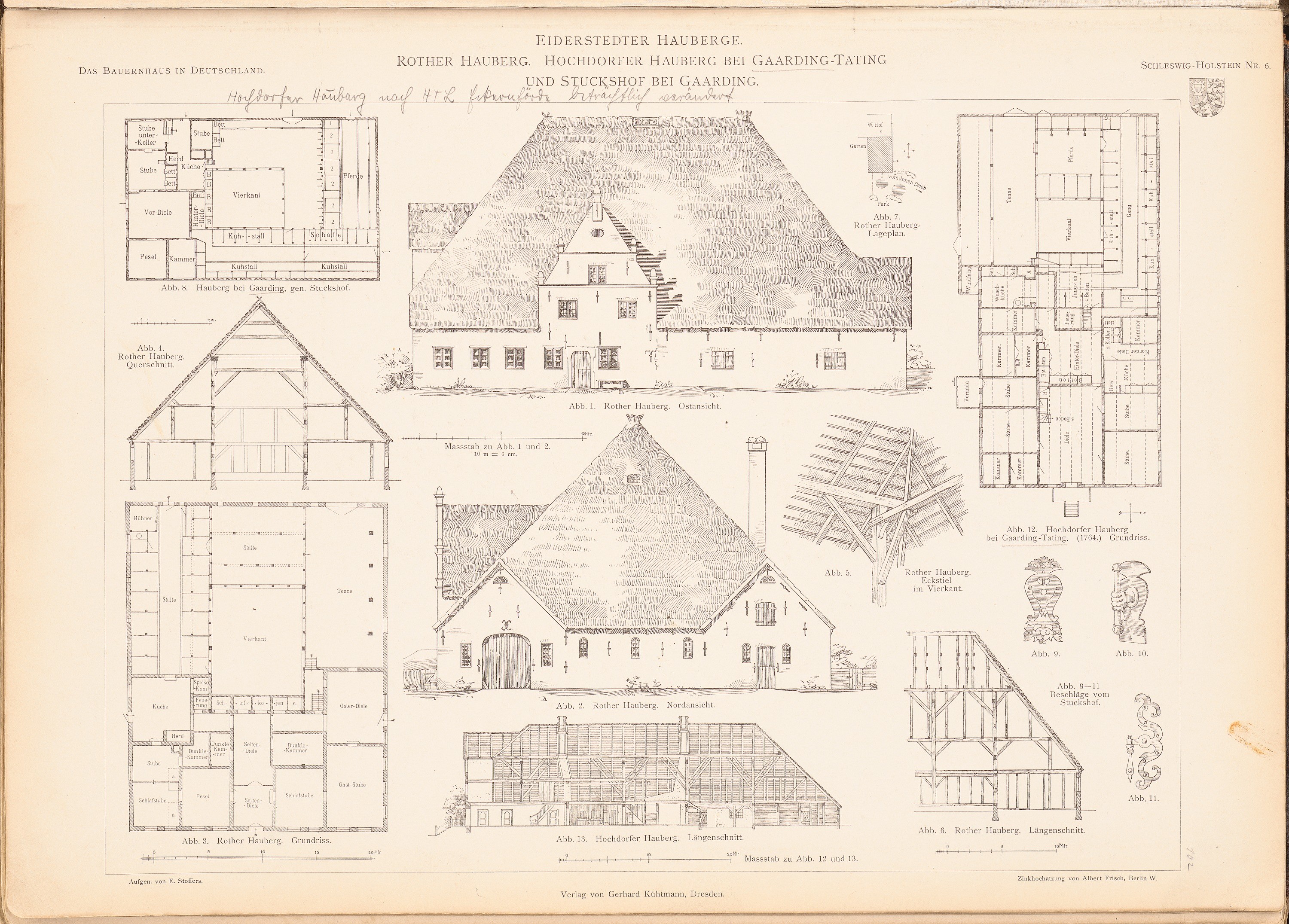 Altes Buch mit einer Hausillustration auf dem Cover, enthaltend detaillierte Architekturpläne und Text.