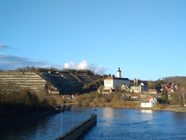 Eine malerische Aussicht auf den Rhein in Deutschland, mit einer Brücke, Laternenpfählen, Bäumen, Gebäuden entlang der Ufer und einem Hügel im bewölkten Himmel im Hintergrund.