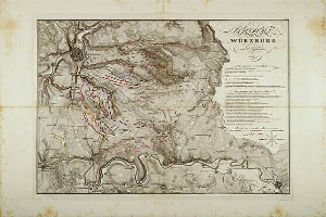 Ausführliche alte Karte von Würzburg, Deutschland, die Straßen, Gebäude und Sehenswürdigkeiten zeigt, sowie begleitenden Text über Bevölkerung, Straßen und bemerkenswerte Merkmale.
