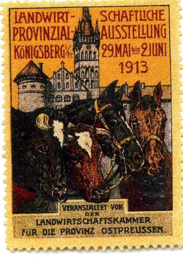 Deutscher Briefmarkenstempel aus etwa 1913 mit drei Kühen und einem Schloss, auf dem der Text 'Landwirtschaftskammer' gedruckt ist.