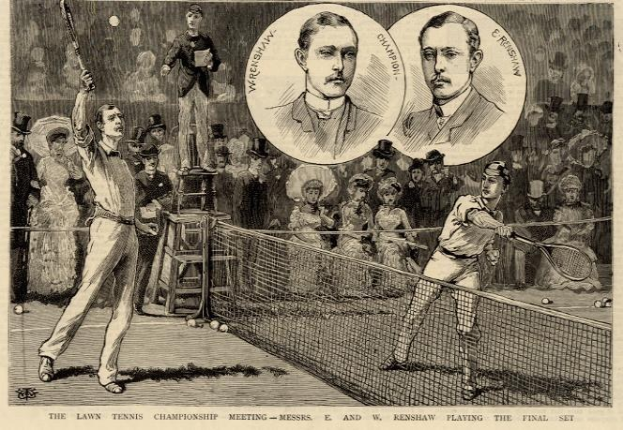 Schwarze und weiße Zeichnung von zwei Männern, die auf einem Court mit Netz Tennis spielen, während eine Gruppe von Menschen im Hintergrund zuschaut; Text unten lautet "The Lawn Tennis Championship Meeting - Messers, E und W Renshaw Playing the Final Set".