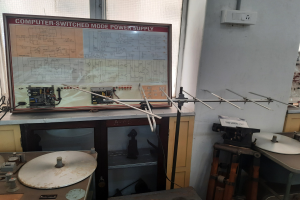 Ein unordentlicher Raum mit verschiedenen Elektronikgeräten, darunter eine beschriftete Platine auf einem Tisch, Metallstangen, eine wandmontierte Verteilerbox, ein Fenster und Gegenstände in Schränken, die auf eine computergeschaltete Modus-Stromversorgung hinweisen.