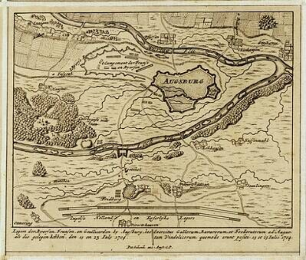Alte detaillierte Karte von Augsburg, Deutschland, mit Text oben und unten, die Straßen, Gebäude und andere Stadtmerkmale zeigt.