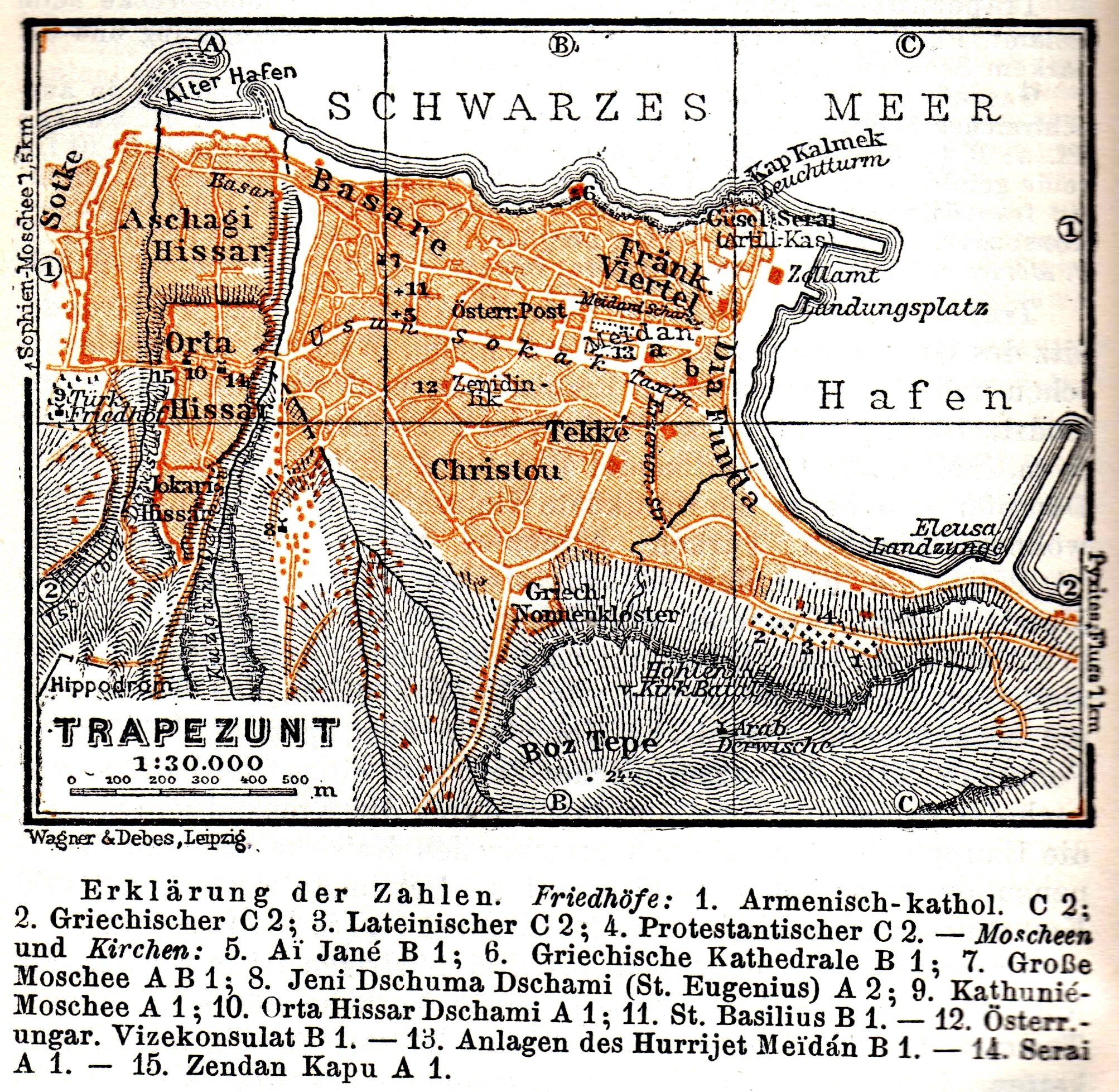 Ein detaillierter alter Stadtplan von Trapezunt, Deutschland, der Straßen, Gebäude, Sehenswürdigkeiten und Text mit zusätzlichen Stadtinformationen zeigt.