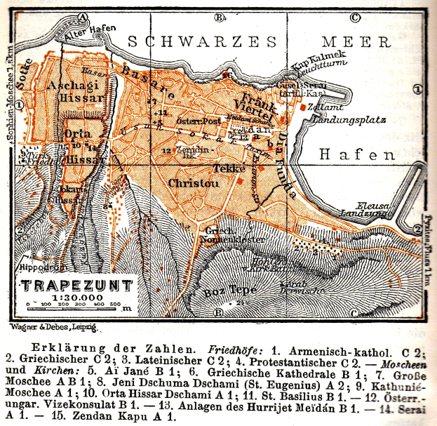 Ein detaillierter alter Stadtplan von Trapezunt, Deutschland, der Straßen, Gebäude, Sehenswürdigkeiten und Text mit zusätzlichen Stadtinformationen zeigt.