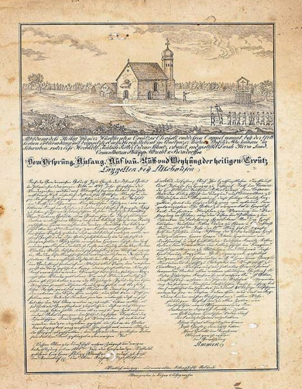 Ein historisches Dokument mit einer Zeichnung einer Kirche, umgeben von Bäumen unter einem klaren blauen Himmel, mit Text aus der ersten Fassung der deutschen Verfassung.