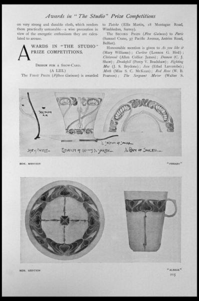 Schwarze und weiße Zeichnung einer Tasse und eines Untersetzers mit einem Design, eingerahmt von einem schwarzen Rand, über dem Text "Auszeichnungen in den Studio-Wettbewerben".