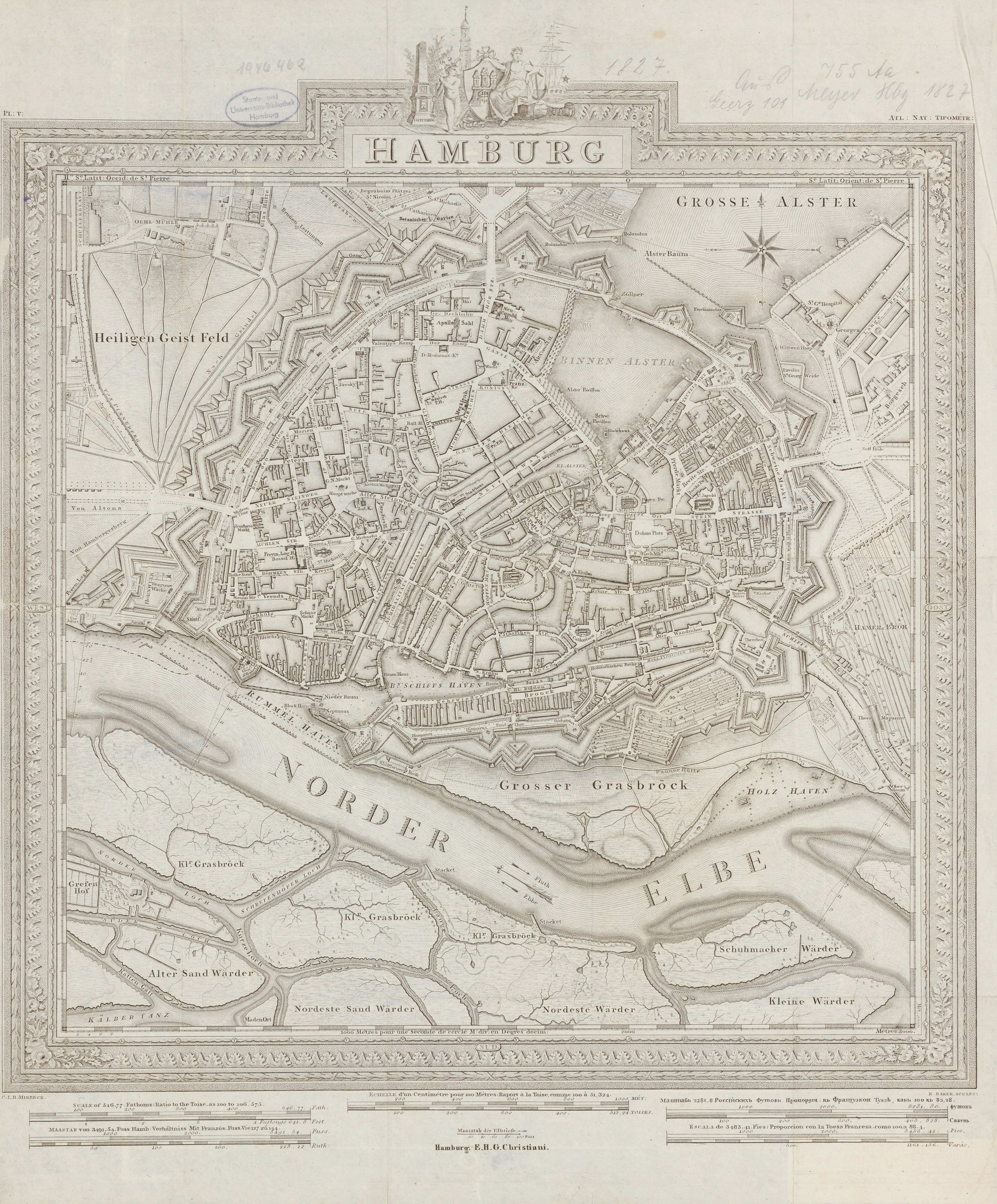Alte Karte von Hamburg, Deutschland, die Straßen und Sehenswürdigkeiten zeigt, gedruckt auf altem Papier.