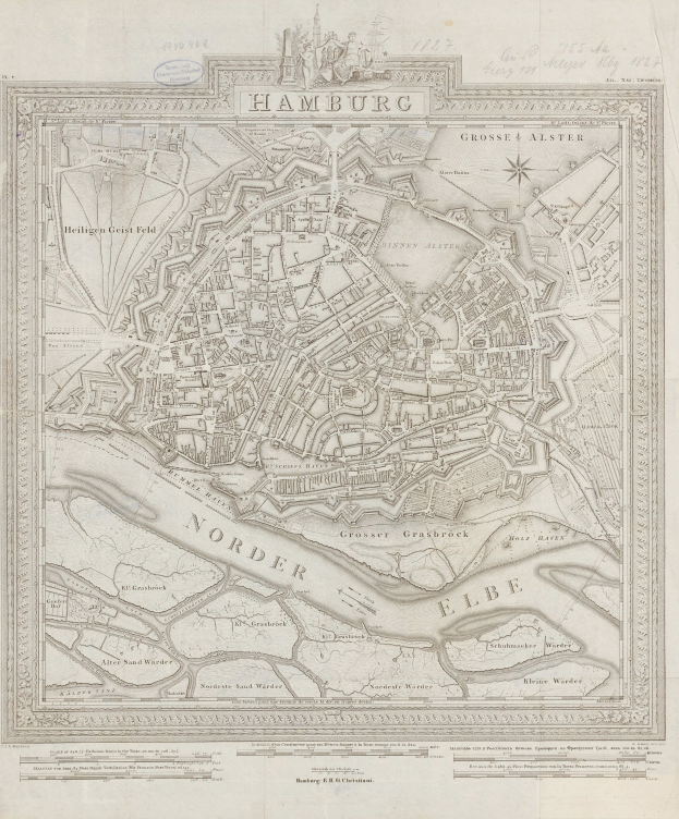 Alte Karte von Hamburg, Deutschland, die Straßen und Sehenswürdigkeiten zeigt, gedruckt auf altem Papier.