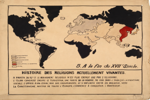 Ein Plakat mit einer Karte aus dem 19. Jahrhundert, die die Verbreitung von Religionen zeigt, mit farbigen Bereichen und erklärendem Text.