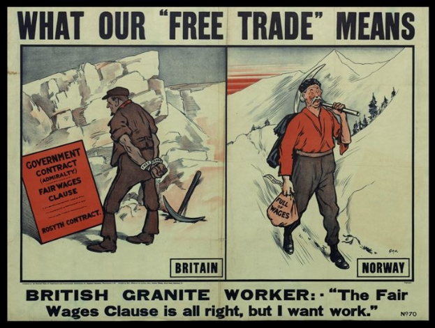 Plakat mit einem britischen Granitarbeiter vor einem Berg- und Baumhintergrund, mit Text, der seine Unterstützung für faire Löhne, aber Arbeit betont.