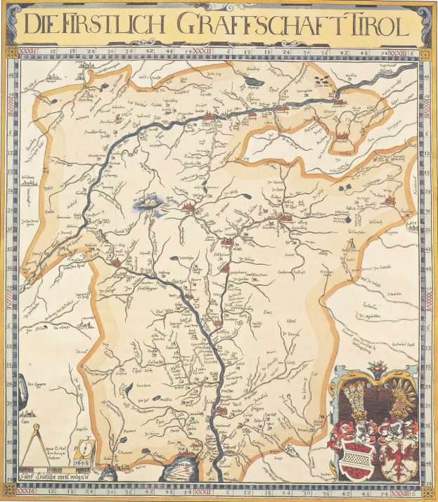 Ein detailliertes historisches Plakat der ersten deutschen Grafschaft Tirol-Karte, das geografische Merkmale wie Flüsse, Berge und Städte sowie erklärenden Text zeigt.