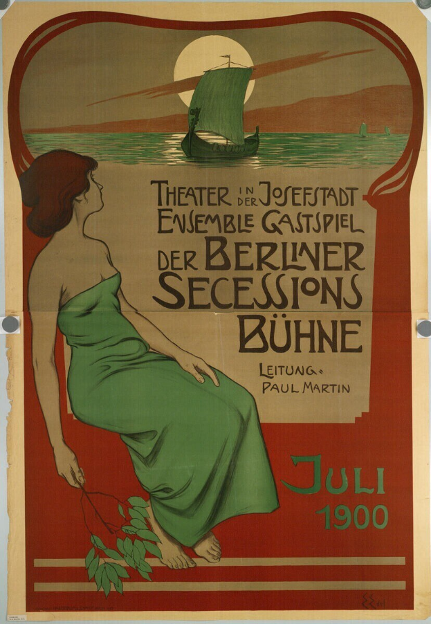 Plakat für die Berliner Sessions Bühne mit einer Frau in einem grünen Kleid, die neben Wasser mit einem Boot im Hintergrund steht und Text, der das Ereignis beschreibt.