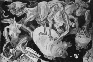 Schwarz-weiß-Zeichnung von 1938 von KÜNSTLER, die eine Gruppe von Tieren einschließlich eines Löwen, einer Giraffe, eines Zebras und eines Flusspferds in einem dunklen, mysteriösen Raum mit zusätzlichem Text zeigt.