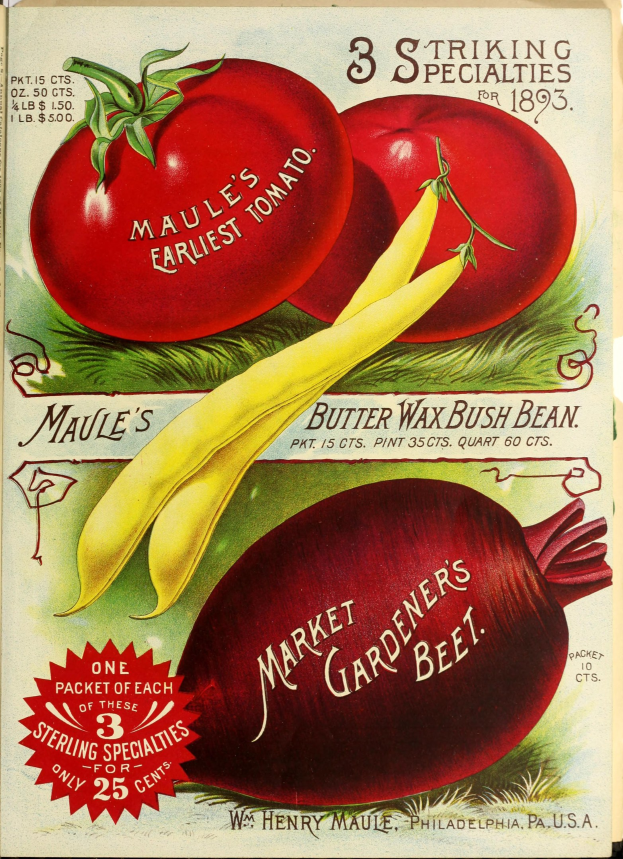 Ein Vintage-Plakat mit leuchtend bunten Gemüsen wie Tomaten und Rüben in einem Muster angeordnet, mit der Aufschrift "Marktgärtner's Beet" in fetter Schrift auf einem gedämpften blauen, grünen und gelben Hintergrund.