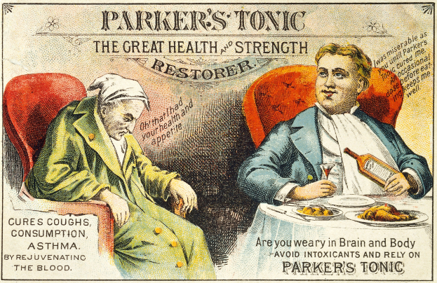 Werbung für Parker's Tonic, die zwei Personen an einem Tisch mit Essen zeigt, eine hält eine Flasche und ein Glas und Text, der das Produkt bewirbt.