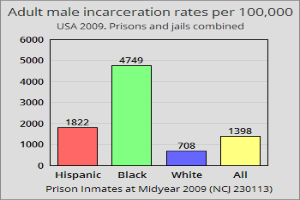 Eine Balkendiagrammdarstellung der Inhaftierungsraten von erwachsenen Männern in den Vereinigten Staaten, mit variierenden Balkenhöhen, die verschiedene Raten darstellen, und begleitendem Text, der zusätzliche Dateninformationen bereitstellt.