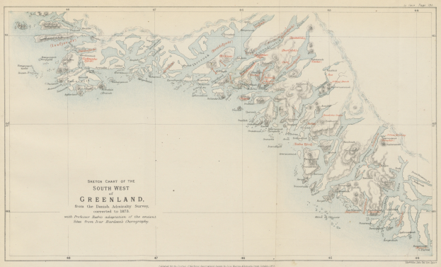 Eine detaillierte Karte des südwestlichen Grönlands auf Papier, die geographische Merkmale wie Flüsse, Berge und Städte zeigt, sowie begleitenden Text mit Informationen über die Geographie, Bevölkerung und Städte der Region.