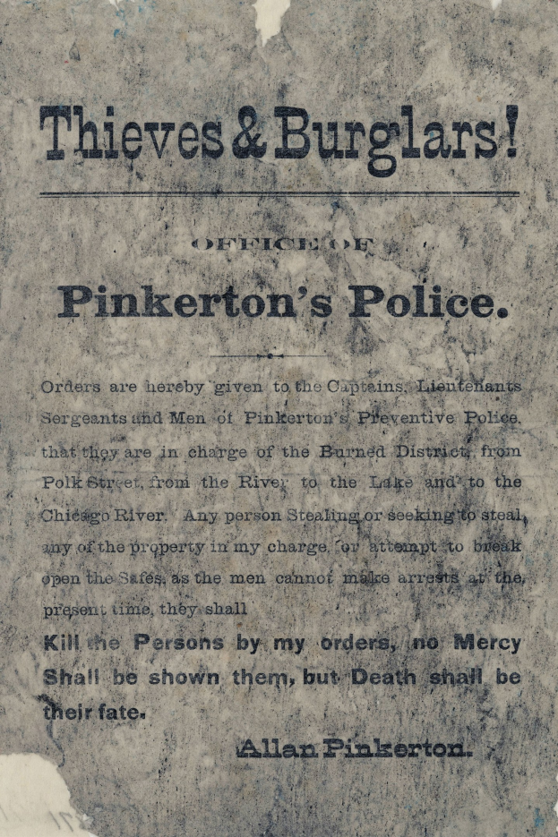 Plakat mit fetter schwarzer Schrift "Diebe & Einbrecher Pinkerton's Police" auf weißem Hintergrund, eingerahmt von einem schmalen schwarzen Rand.