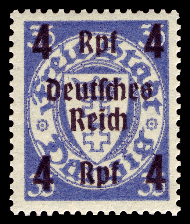 Ein blau-weißer Stempel mit den Worten "Deutsches Reich" darauf vor einem schwarzen Hintergrund.