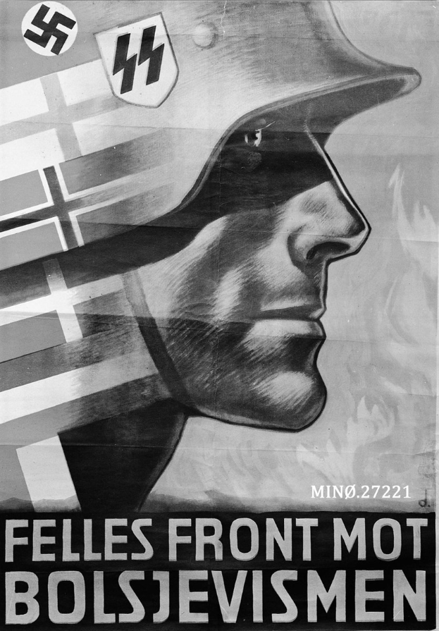 Schwarz-weißes Propagandaplakat mit einem Mann in einem Helm mit Nazi-Symbol und Text.