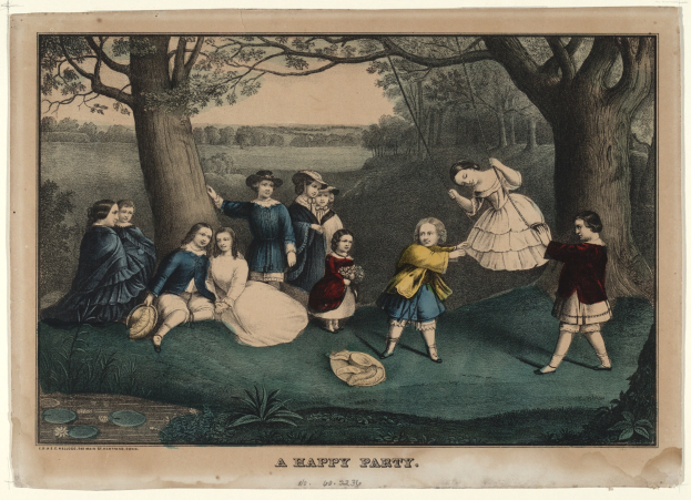 Eine Gruppe von Kindern, die in einem Park spielen, einige sitzen auf dem Gras und andere stehen, umgeben von Bäumen und Pflanzen, mit dem Text "Ein fröhliches Fest" unten.