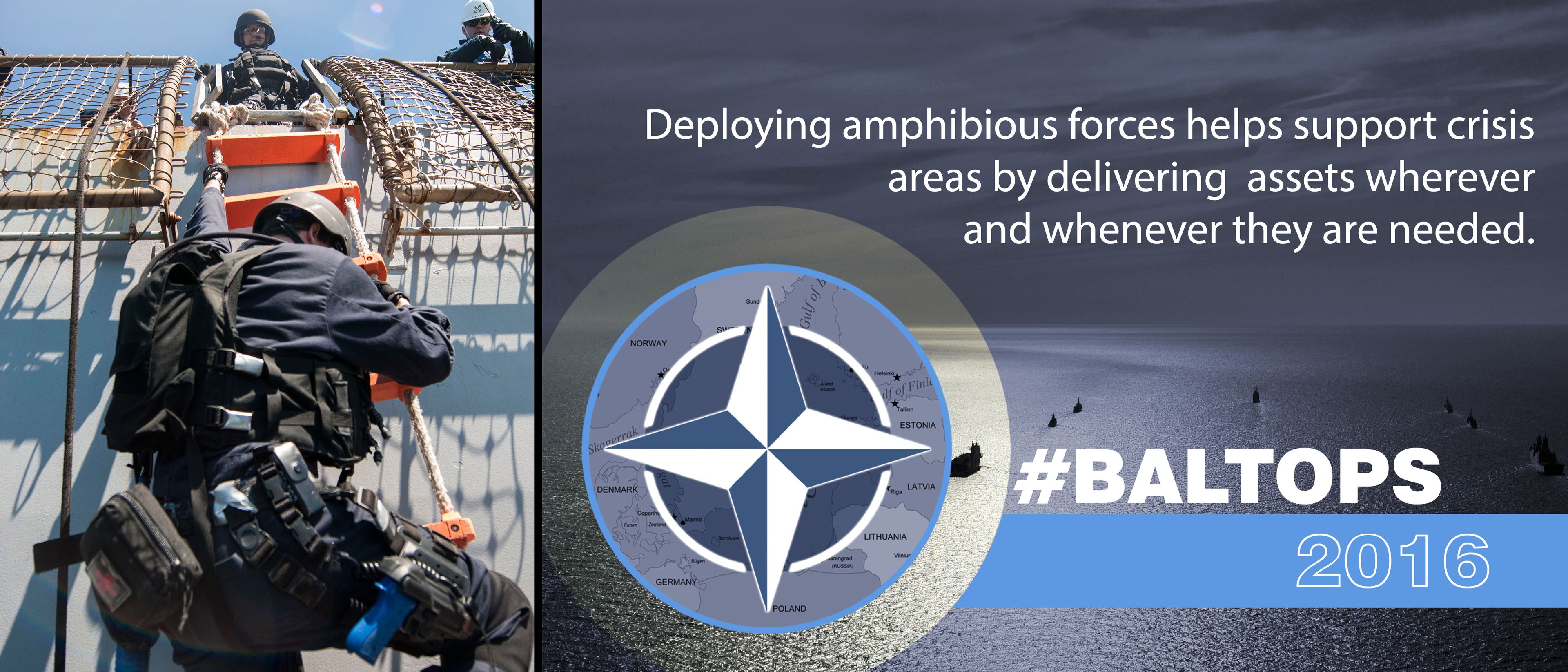 Collage aus zwei Bildern: Links zeigt eine Gruppe mit Helmen und Taschen auf einer Brücke mit Seilen, rechts steht ein Text über den Einsatz von Amphibienkräften zur Unterstützung von Krisengebieten.