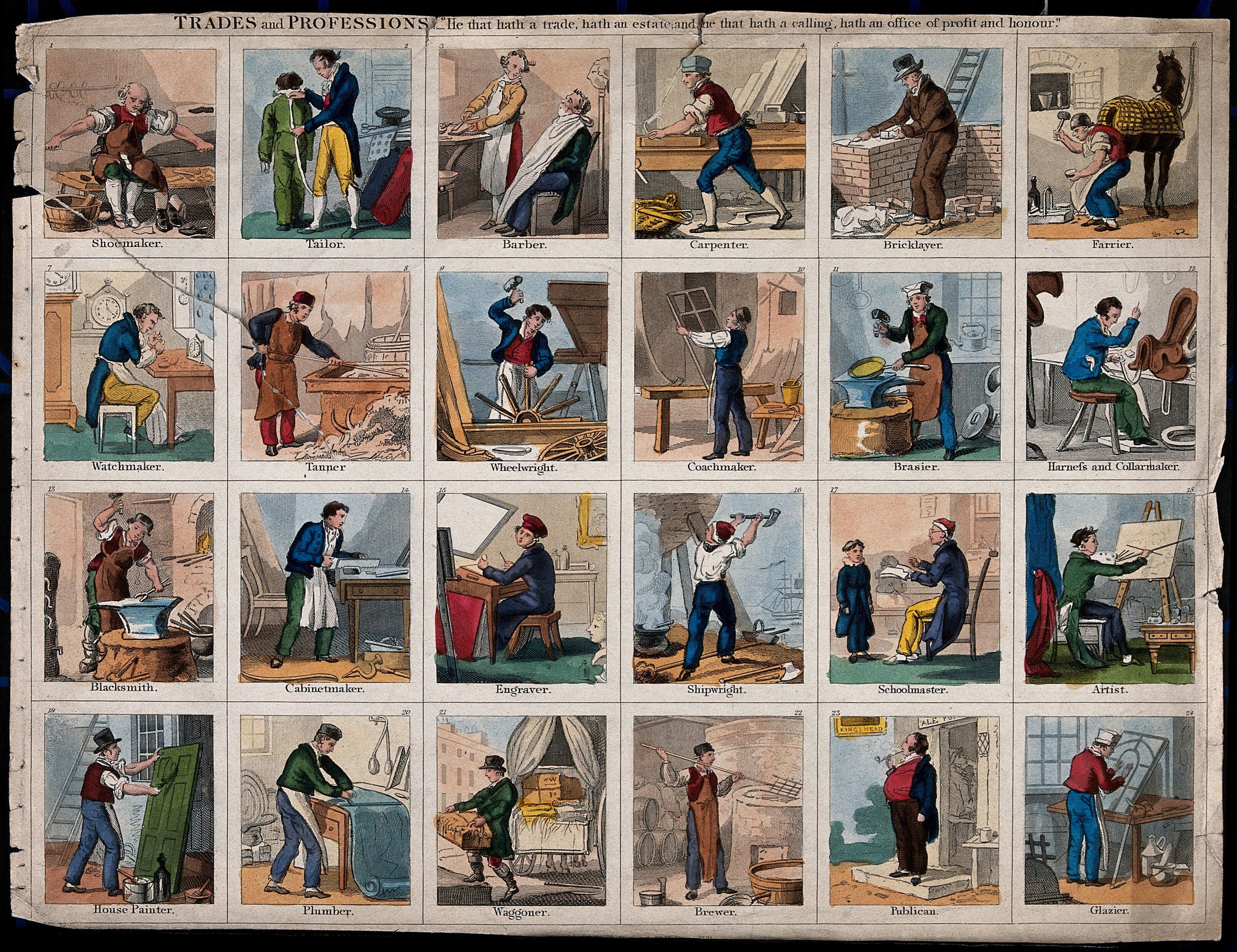 Collage aus verschiedenen Individuen in unterschiedlichen beruflichen Rollen, einschließlich Handwerksberufen, dargestellt in verschiedenen Posen mit Werkzeugen und Materialien auf einem schwarzen Hintergrund, begleitet von beschreibendem Text.