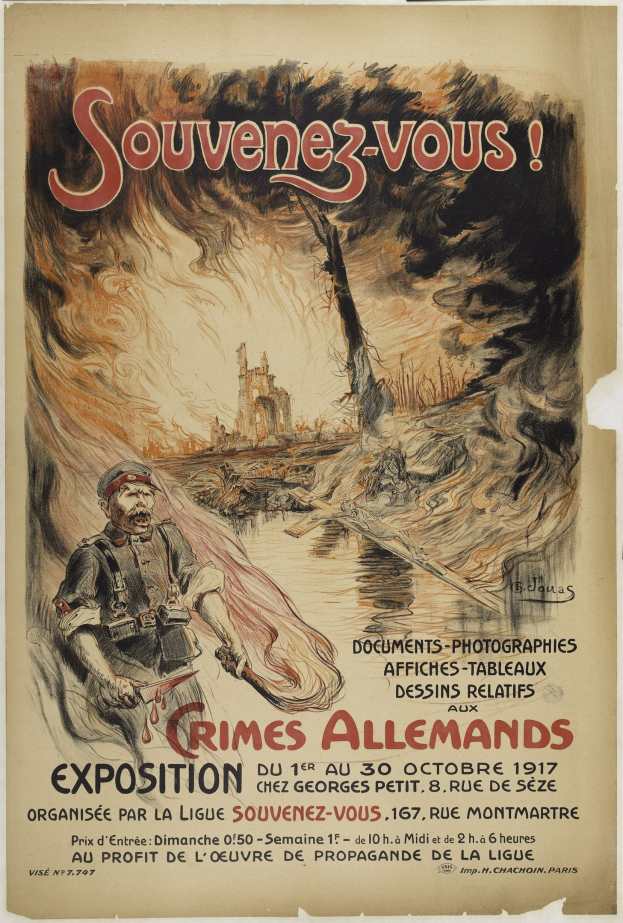Ausstellungsplakat mit dem Titel "Souvenez-vous Crimes Allemands" mit einer zentralen Figur mit menschlichem Gesicht und begleitendem Text.