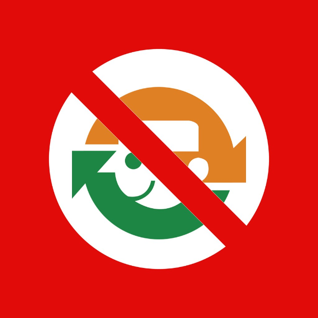 Rotes und wei├čes "Kein Recycling"-Schild mit einem nach rechts zeigenden Pfeil vor einem wei├čem Hintergrund.