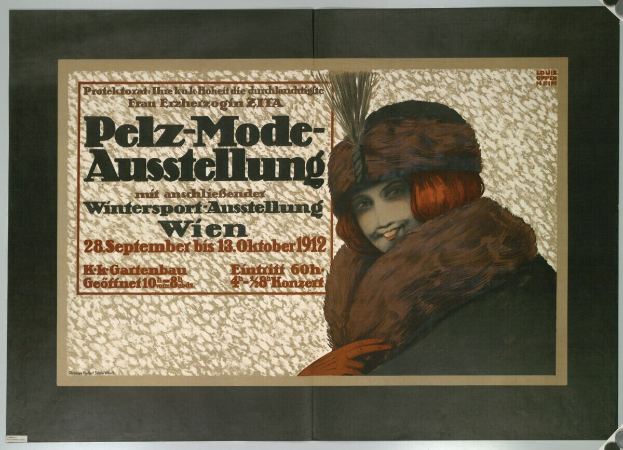 Ein Plakat für ein Winter-Sportevent in Wien, Österreich, mit einer lachenden Frau in einem Pelzmantel und Hut sowie den Event-Details im Text.