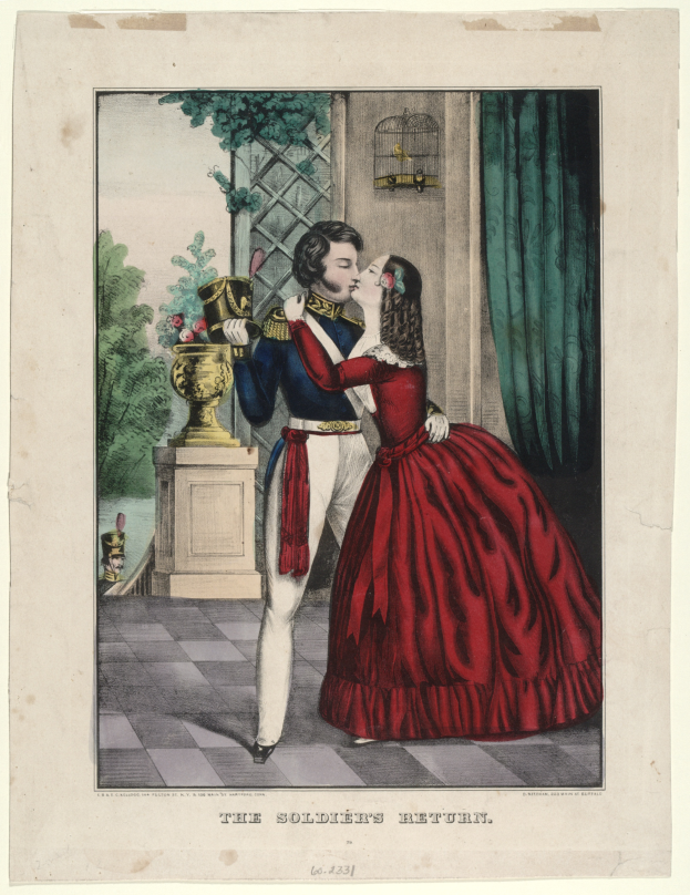 Ein Mann und eine Frau in einem roten Kleid umarmen und küssen sich vor einem Fenster, mit einer Blumenvase auf einem Sockel im Vordergrund, Bäumen im Hintergrund und einem Vorhang auf der rechten Seite.