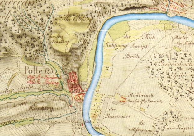 Ausfühliches altes Stadtplan von Polle, Deutschland, mit Straßen, Gebäuden und einem Fluss, der durch die Stadt fließt.