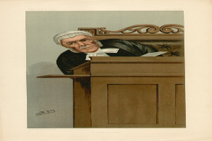 Alter Mann in schwarzer Robe und weißem Hut, der an einem hölzernen Pult sitzt und aus einem Buch mit dem Titel "Ein Richter" liest.