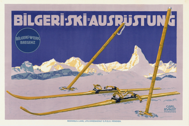 Plakat wirbt für ein Skigebiet in den Schweizer Alpen mit Skiern im Vordergrund und schneebedeckten Bergen im Hintergrund sowie Text über das Skigebiet.