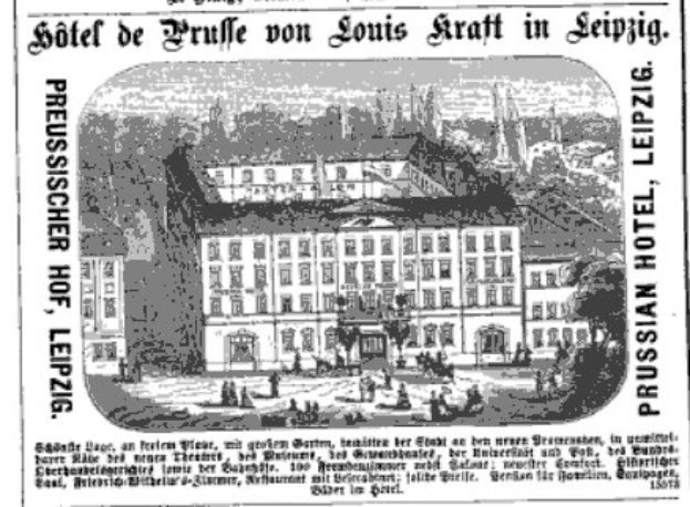 Schwarze und Weiße Anzeige für ein Leipziger Hotel, das sein Gebäude, umgebende Bäume und Menschen zeigt, begleitet von beschreibendem Text.